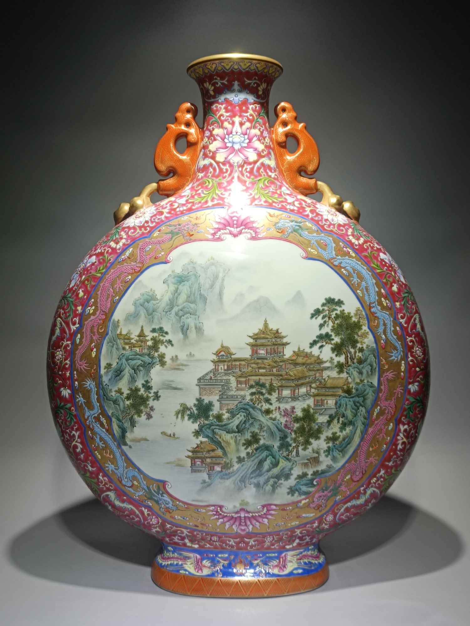 An Exquisite Chinese pastel rouge ground blessing longevity auspiciousness double-eared moon vase (1 of 9)