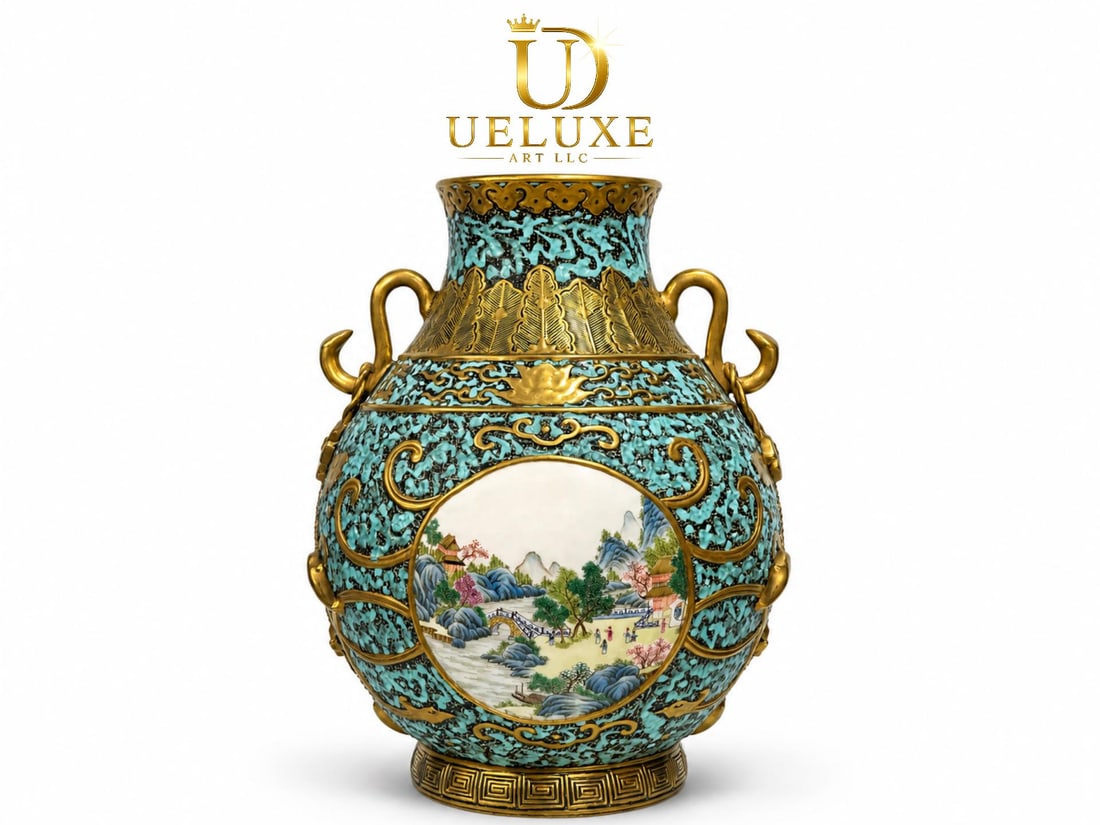 An Exquisite Chinese Bronze color carving with gilded window landscape Ruyi amphora: Size: Height 36 cm - Width 27 cm |Materials: Porcelain |Dynasty: Qing dynasty |Inscription: Qianlong Mark |Object: amphora