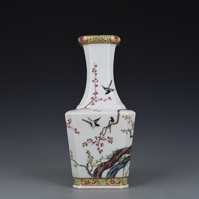 An Exquisite Chinese enamel magpie plum blossom square vase: Size: Height 25.5 cm - Width 11.5 cm |Materials: Porcelain |Dynasty: Qing dynasty |Inscription: Yongzheng Mark |Object: vase