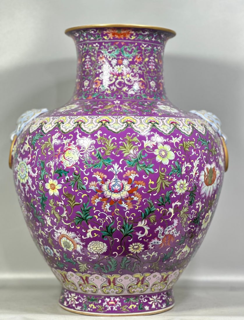 An Exquisite Chinese Purple-glazed enamel eggplant skin with passion flower branches vase: Size: Height 52 cm - Width 40 cm |Materials: Porcelain |Dynasty: Qing dynasty |Inscription: Qianlong Mark |Object: vase