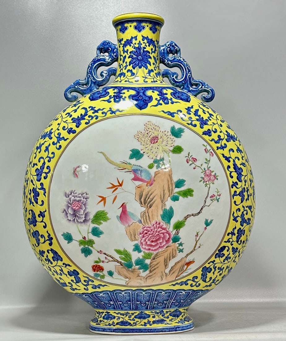 An Exquisite Chinese Pastel yellow ground blue and white double ears holding the moon vase (1 of 9)