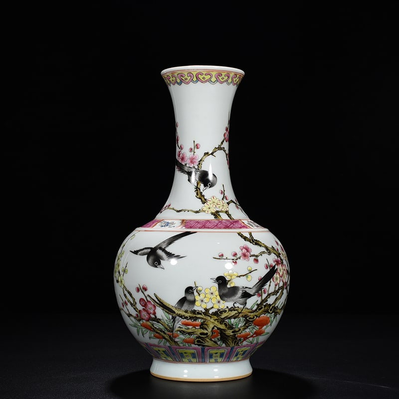 An Exquisite Chinese pastel magpie and plum blossom vase: Size: Height 29 cm - Width 16 cm |Materials: Porcelain |Dynasty: Qing dynasty |Inscription: Yongzheng Mark |Object: vase