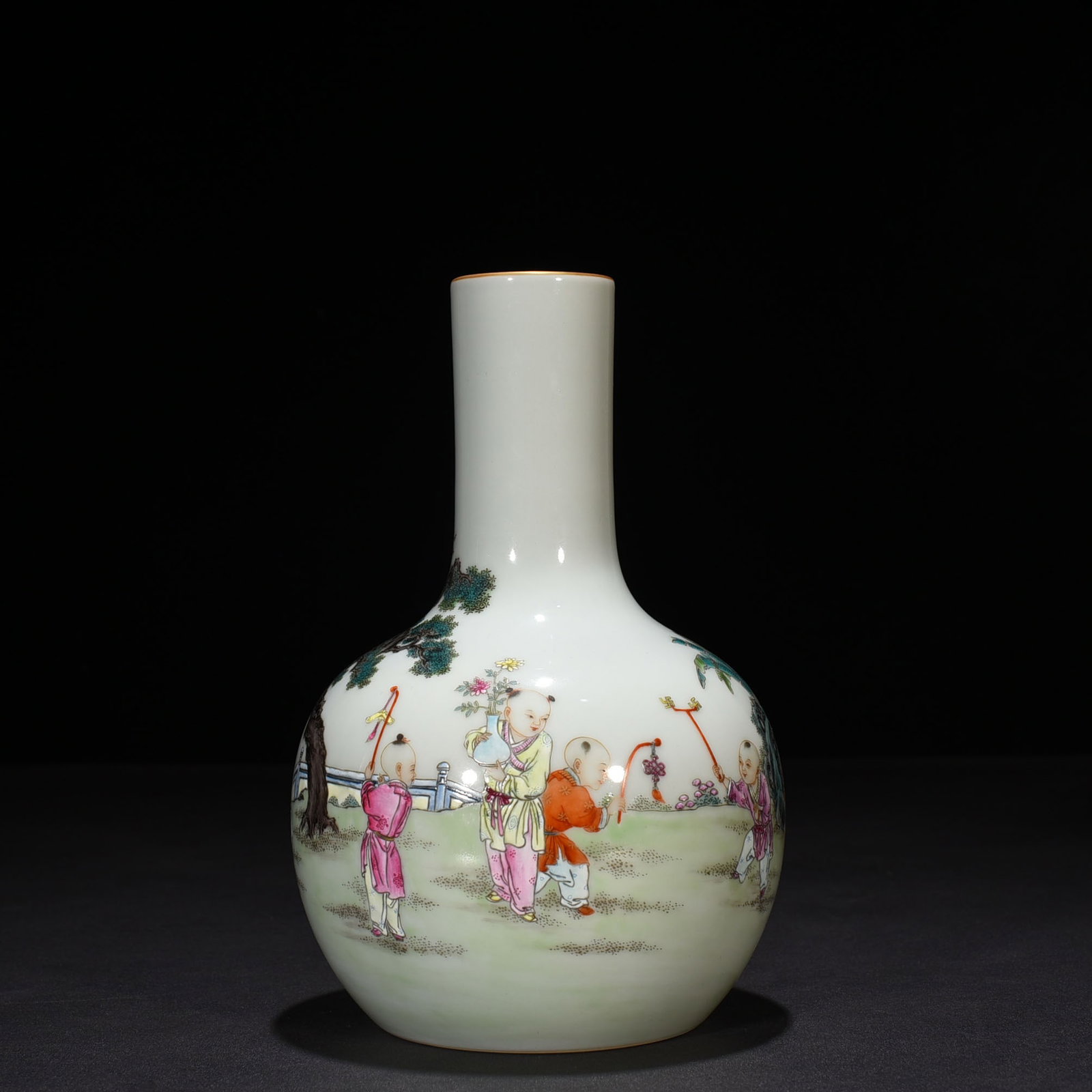 An Exquisite Chinese pastel celestial sphere vase with baby play pattern: Size: Height 22 cm - Width 14 cm |Materials: Porcelain |Dynasty: Qing dynasty |Inscription: Yongzheng Mark |Object: vase