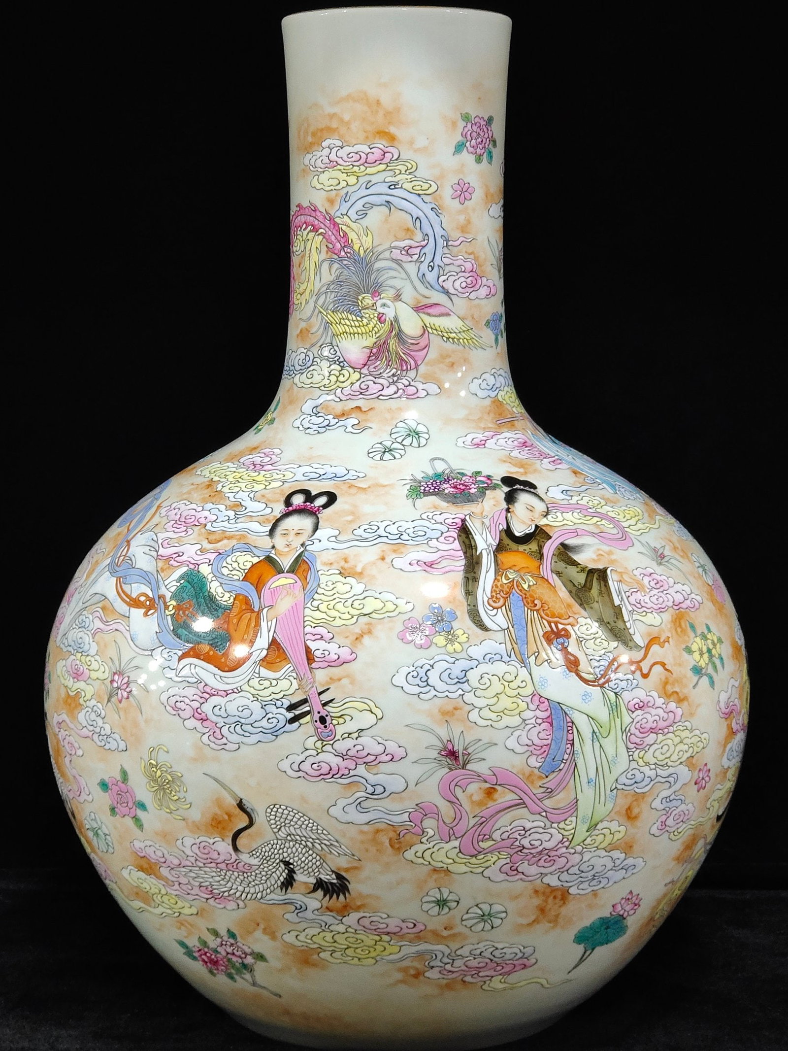 An Exquisite Chinese Seven Fairies Descend to Earth Celestial Ball Vase: Size: Height 57 cm - Width 38 cm |Materials: Porcelain |Dynasty: Qing dynasty |Inscription: Qianlong Mark |Object: vase