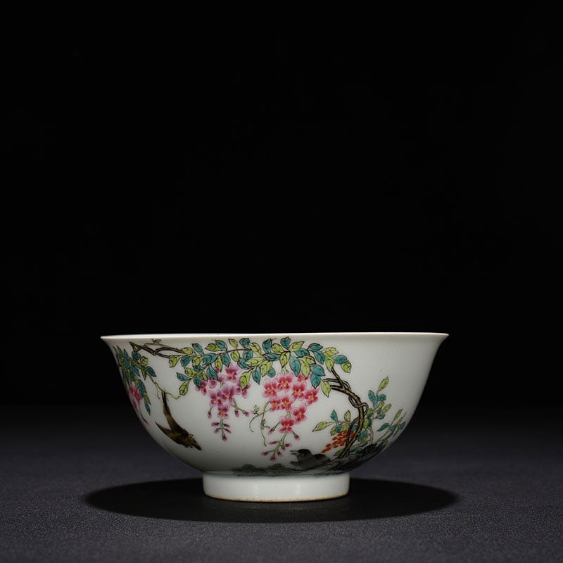 An Exquisite Chinese pastel wisteria flower and bird pattern bowl: Size: Width 15 cm - Height 7 cm |Materials: Porcelain |Dynasty: Qing dynasty |Inscription: Yongzheng Mark |Object: bowl