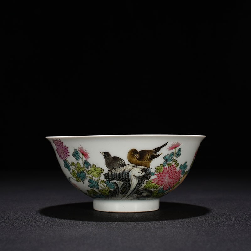 An Exquisite Chinese pastel chrysanthemum flower and bird pattern bowl: Size: Width 15 cm - Height 7 cm |Materials: Porcelain |Dynasty: Qing dynasty |Inscription: Yongzheng Mark |Object: bowl