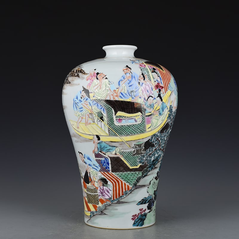 An Exquisite Chinese pastel Yujiale figure pattern plum vase: Size: Height 33 cm - Width 16 cm |Materials: Porcelain |Dynasty: Qing dynasty |Inscription: Yongzheng Mark |Object: vase