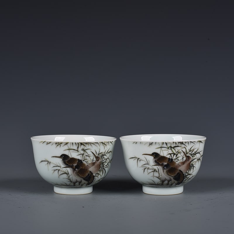 An Exquisite Chinese pastel cormorant flower and bird cup: Size: Width 8.8 cm - Height 5.5 cm |Materials: Porcelain |Dynasty: Qing dynasty |Inscription: Yongzheng Mark |Object: cup