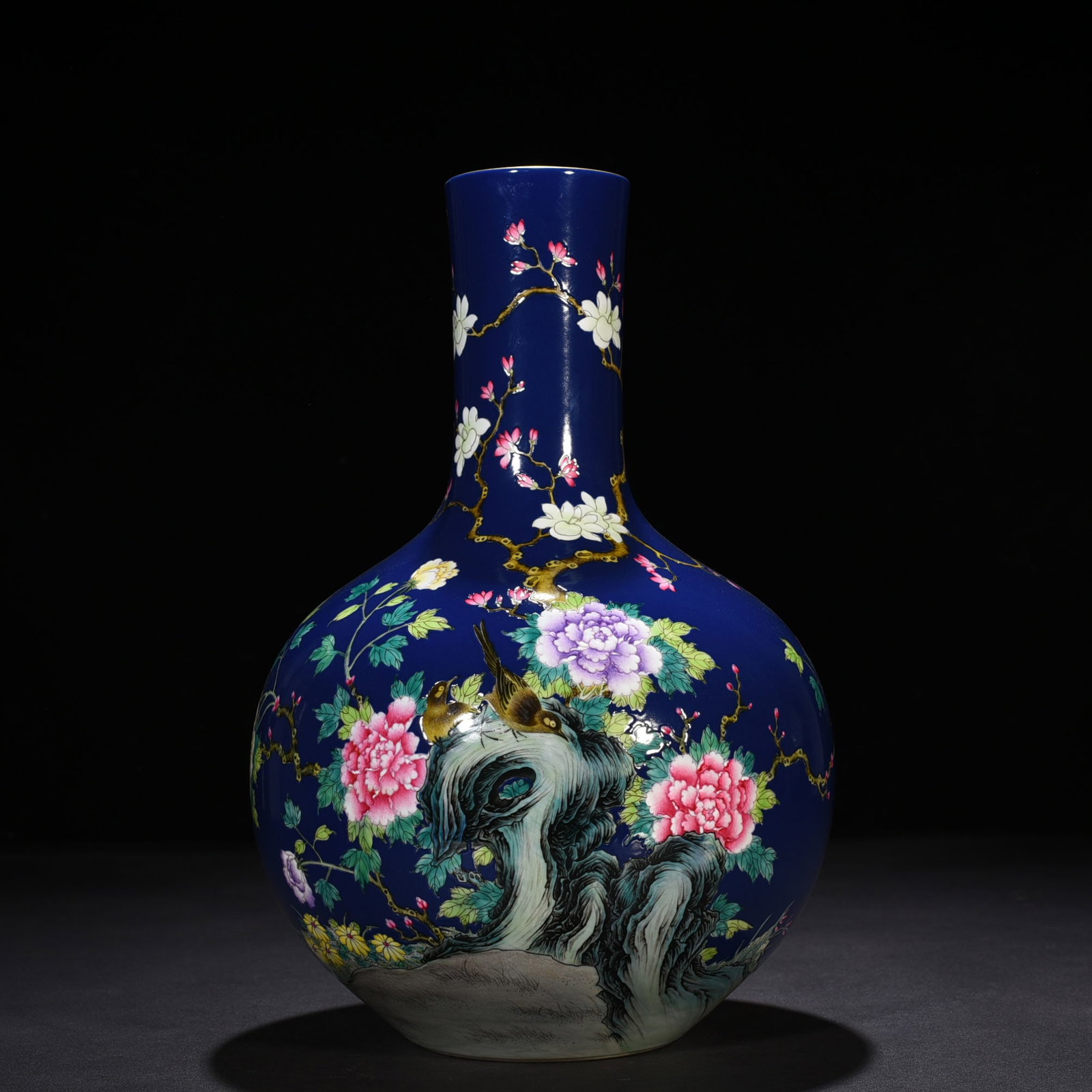 An Exquisite Chinese blue ground pastel peony flower and bird pattern celestial vase: Size: Height 35 cm - Width 21 cm |Materials: Porcelain |Dynasty: Qing dynasty |Inscription: Yongzheng Mark |Object: vase