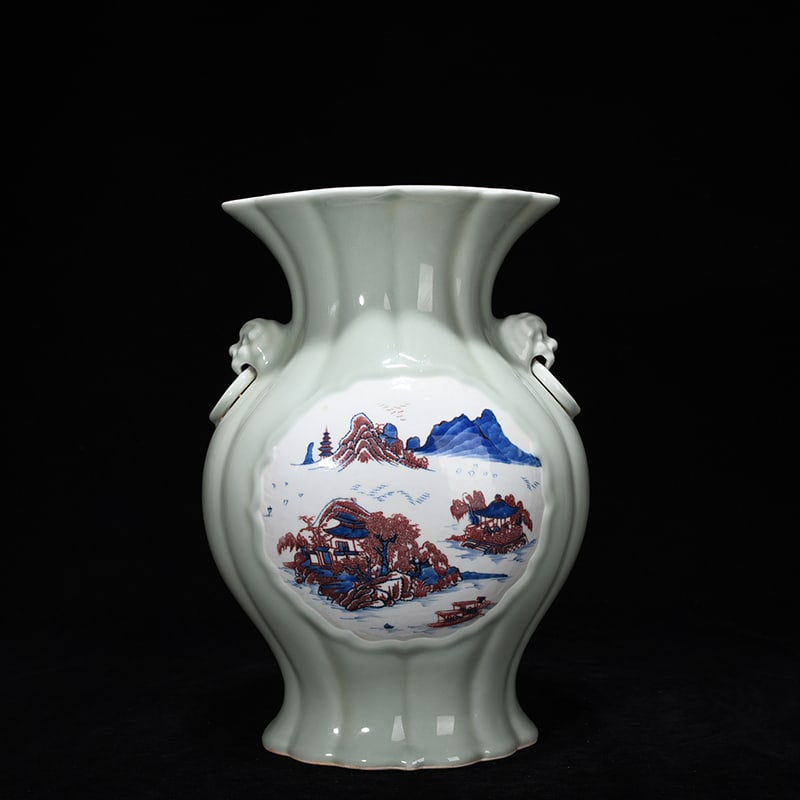 An Exquisite Chinese bean green glaze consecrated blue and white underglaze red mountain water: Size: Height 36 cm - Width 24 cm |Materials: Porcelain |Dynasty: Qing dynasty |Inscription: Yongzheng Mark |Object: bottle