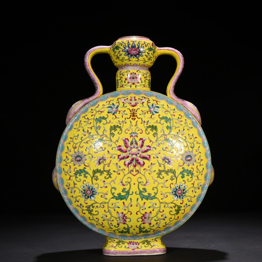 An Exquisite Chinese yellow ground pastel lucky and longevity flower pattern Ruyi ear flat vase: Size: Height 40 cm - Width 30 cm |Materials: Porcelain |Dynasty: Qing dynasty |Inscription: Yongzheng Mark |Object: vase