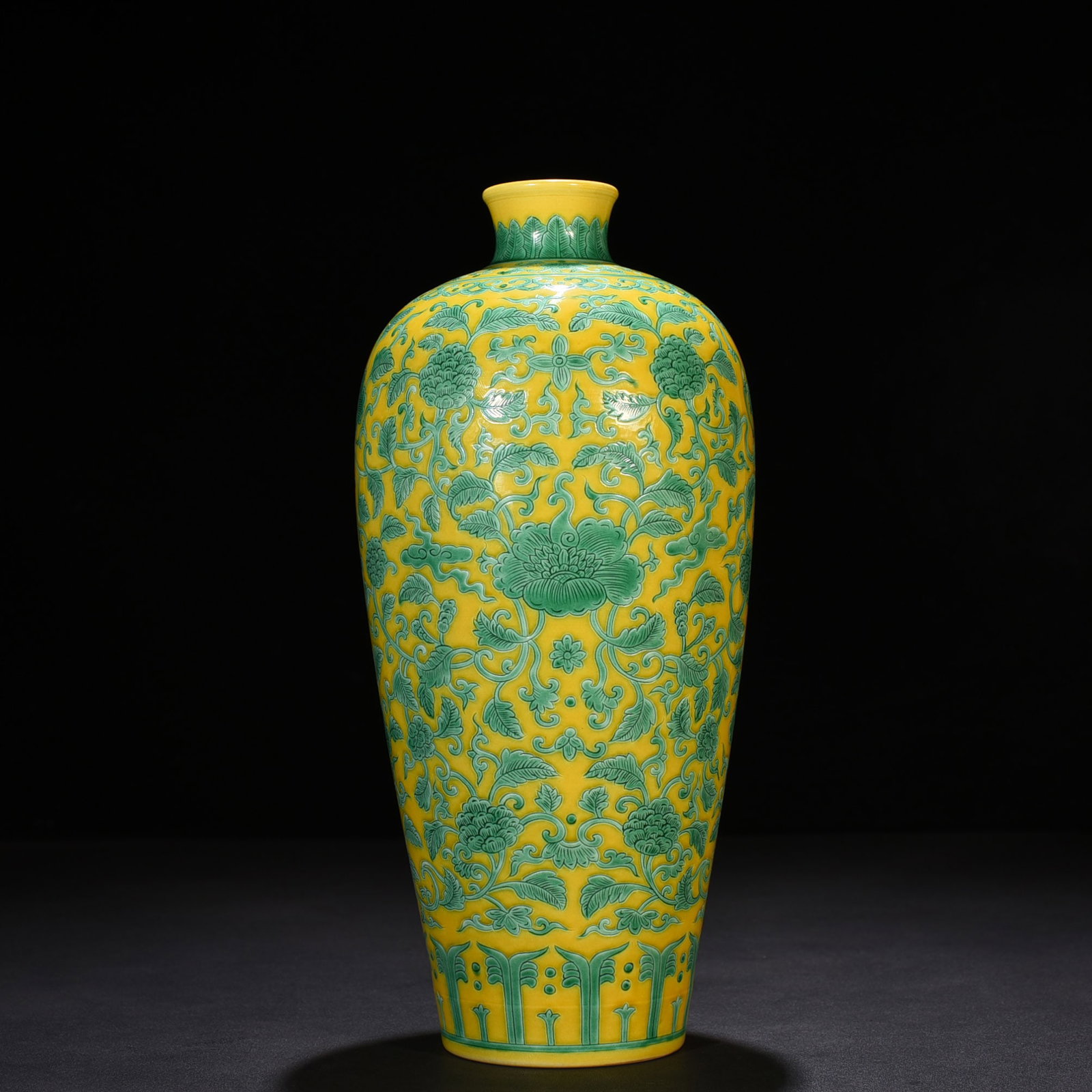 An Exquisite Chinese yellow glaze engraved green-colored plum vase: Size: Height 32 cm - Width 13 cm |Materials: Porcelain |Dynasty: Qing dynasty |Inscription: Yongzheng Mark |Object: vase