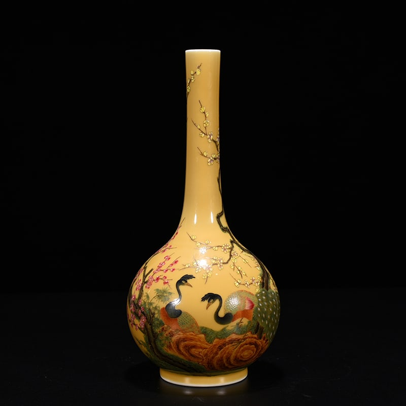 An Exquisite Chinese yellow glaze pastel peacock flower pattern bile vase: Size: Height 32 cm - Width 15 cm |Materials: Porcelain |Dynasty: Qing dynasty |Inscription: Yongzheng Mark |Object: vase