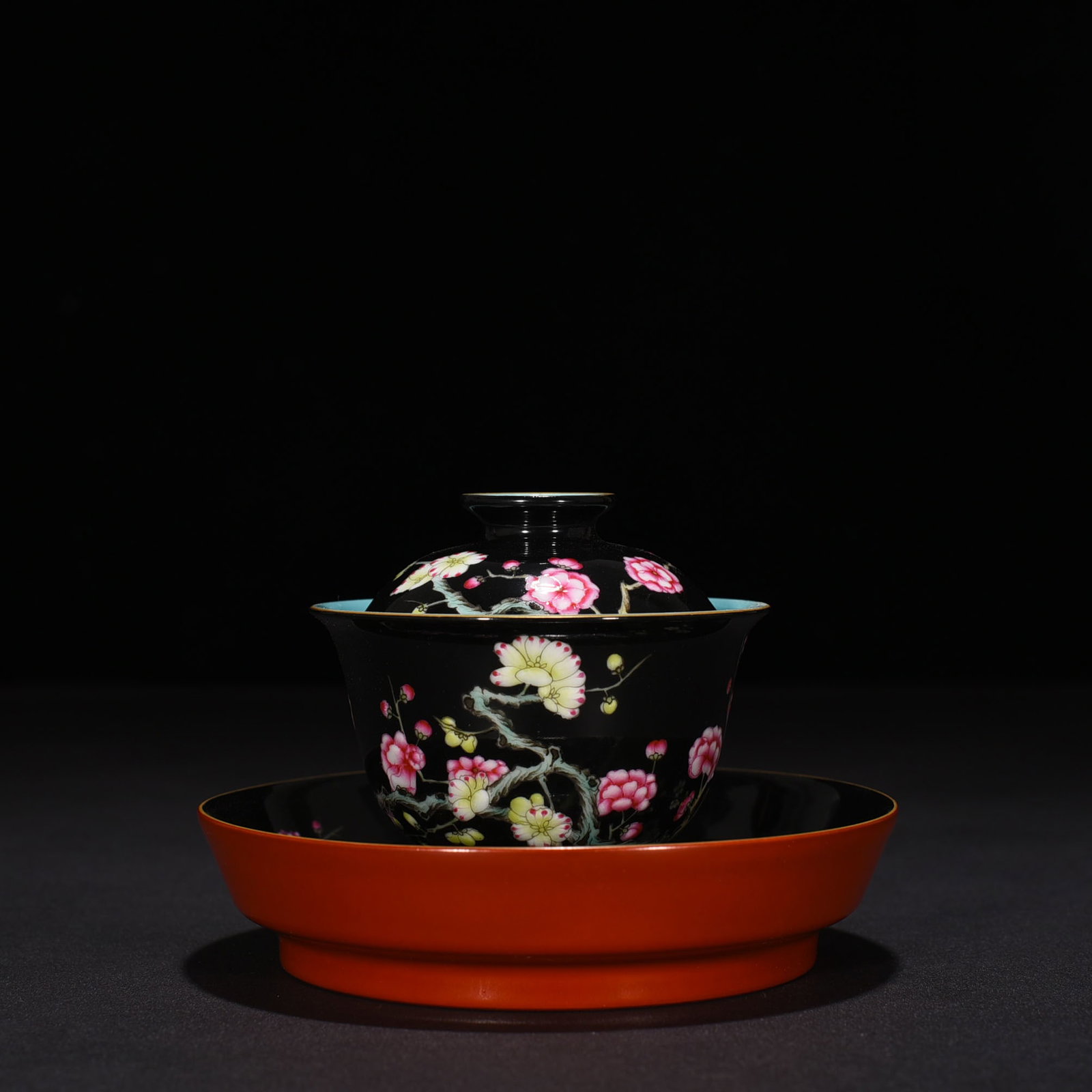 An Exquisite Chinese black ground pastel plum blossom pattern covered bowl: Size: Width 14 cm - Height 3 cm |Materials: Porcelain |Dynasty: Qing dynasty |Inscription: Yongzheng Mark |Object: bowl