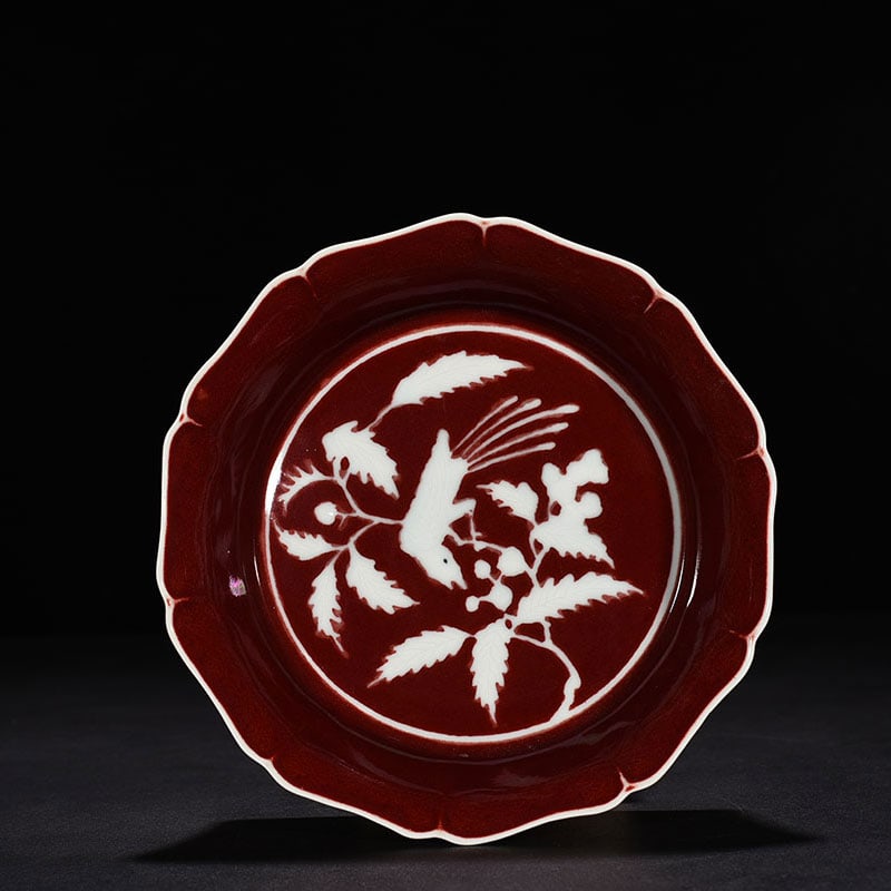 An Exquisite Chinese ruby ??red glaze engraved mouth washer: Size: Height 5 cm - Widthh 19 cm Materials: Porcelain Dynasty: Ming Dynasty Attribution:Xuande Object: washer