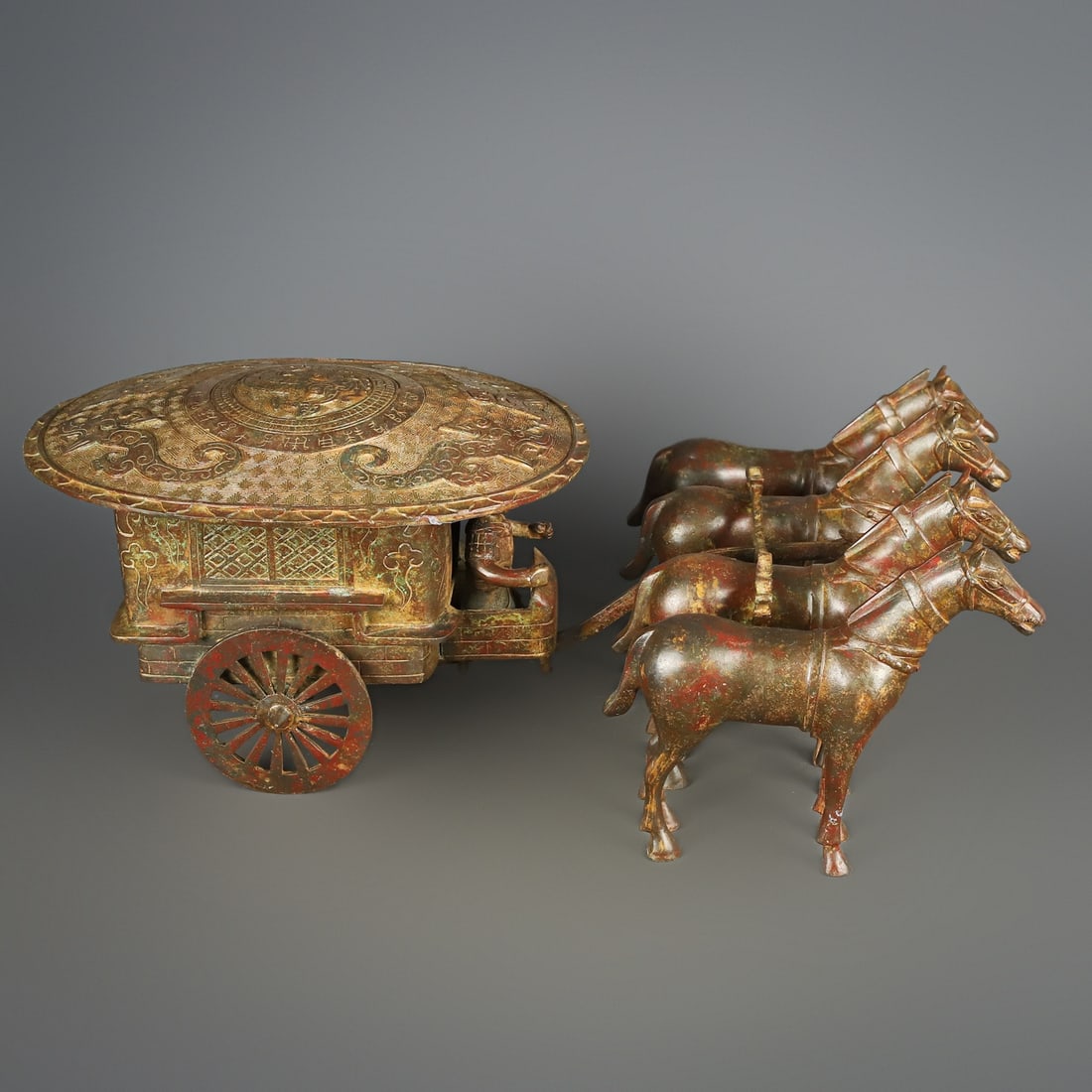 An Exquisite Chinese Bronze Four Horse Cart: Size: Height 20 cm - Width 60 cm Materials: Bronze Dynasty: Han dynasty Attribution: 1st to 3rd-C Object: Bell