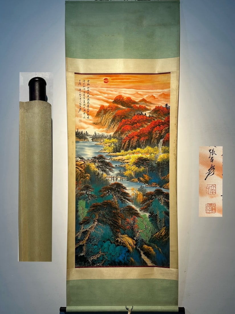 Chinese scroll painting Zhang Daqian: Size: Height 138 cm - Width 69 cm Materials: Silk and Paper Dynasty: Qing Dynasty Inscription: Zhang Daqian Object: Scroll Zhang Daqian's high-quality hand-painted splashed color landscape painting on
