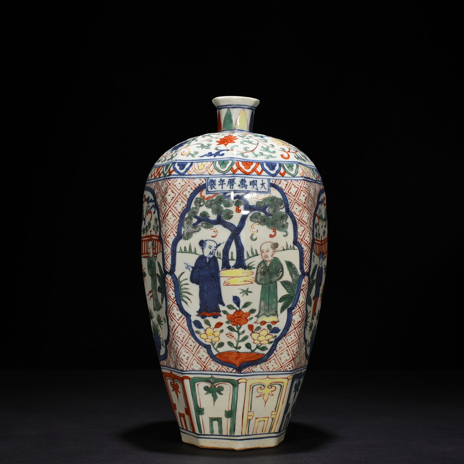 An Exquisite Chinese blue and white multi colored Taoist plum vase: Size: Height 37 cm - Widthh 17 cm Materials: Porcelain Dynasty: Ming Dynasty Attribution: Wanli Mark Object: vase