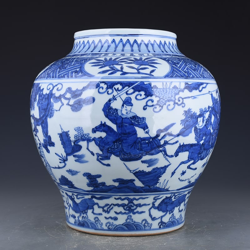 An Exquisite Chinese blue and white warrior figure jar: Size: Height 37 cm - Widthh 35 cm Materials: Porcelain Dynasty: Ming Dynasty Attribution: Wanli Mark Object: jar