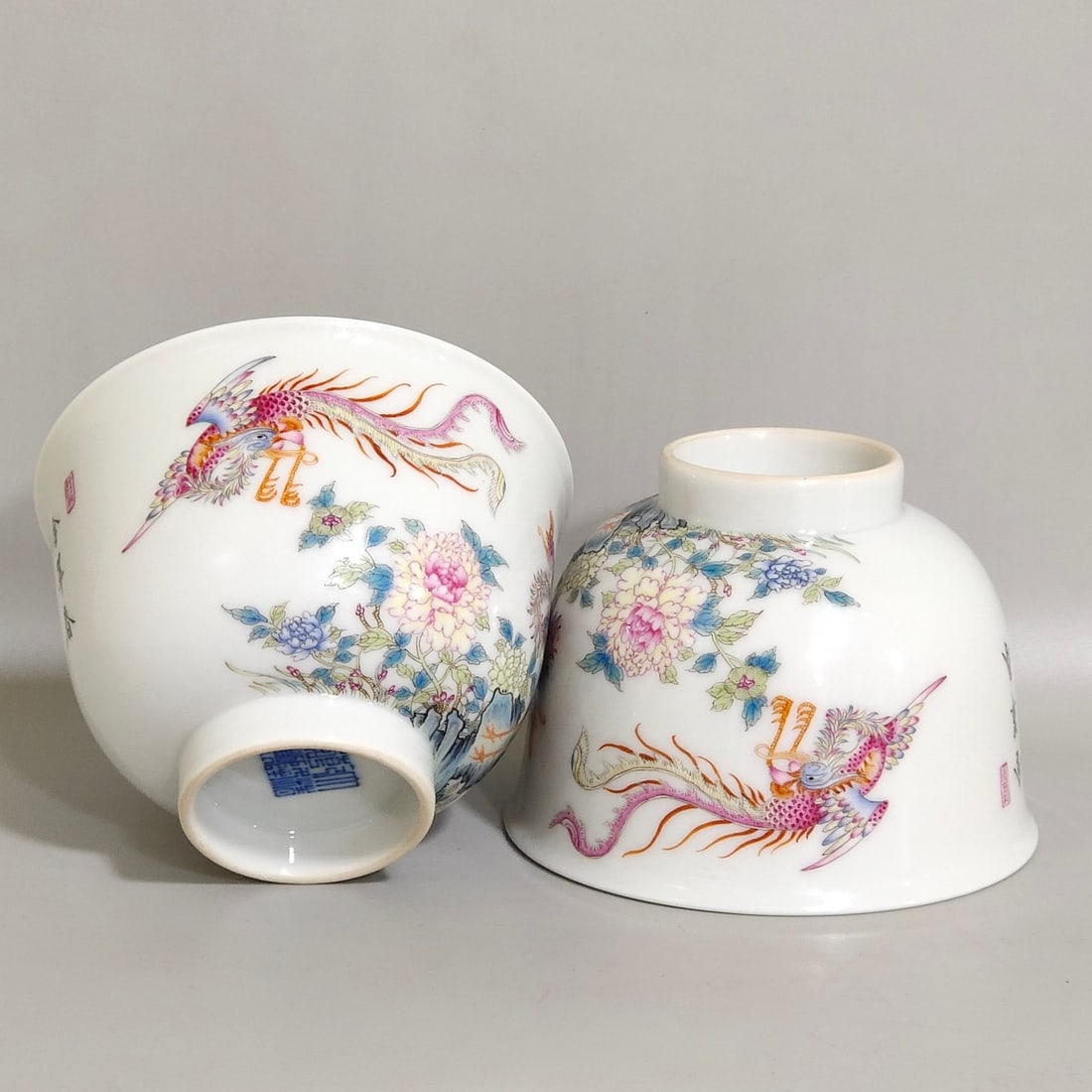 An Exquisite Chinese Phoenix Peony Poetry Cup: Size: Width 8.8 cm - Height 5.7 cm Materials: Porcelain Dynasty: Qing dynasty Inscription: Qianlong Mark Object: cup