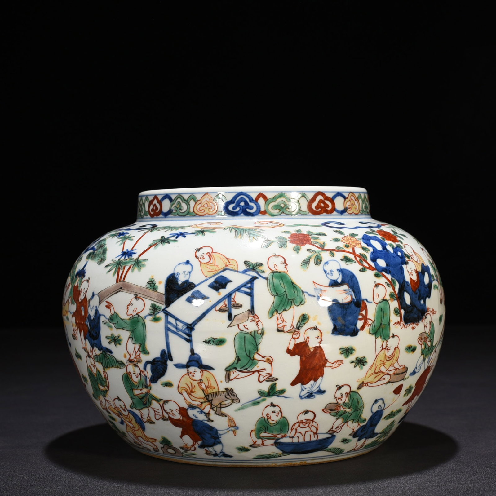 An Exquisite Chinese blue and white colorful jar: Size: Height 15 cm - Widthh 23 cm Materials: Porcelain Dynasty: Ming Dynasty Attribution: Jiajing Mark Object: jar