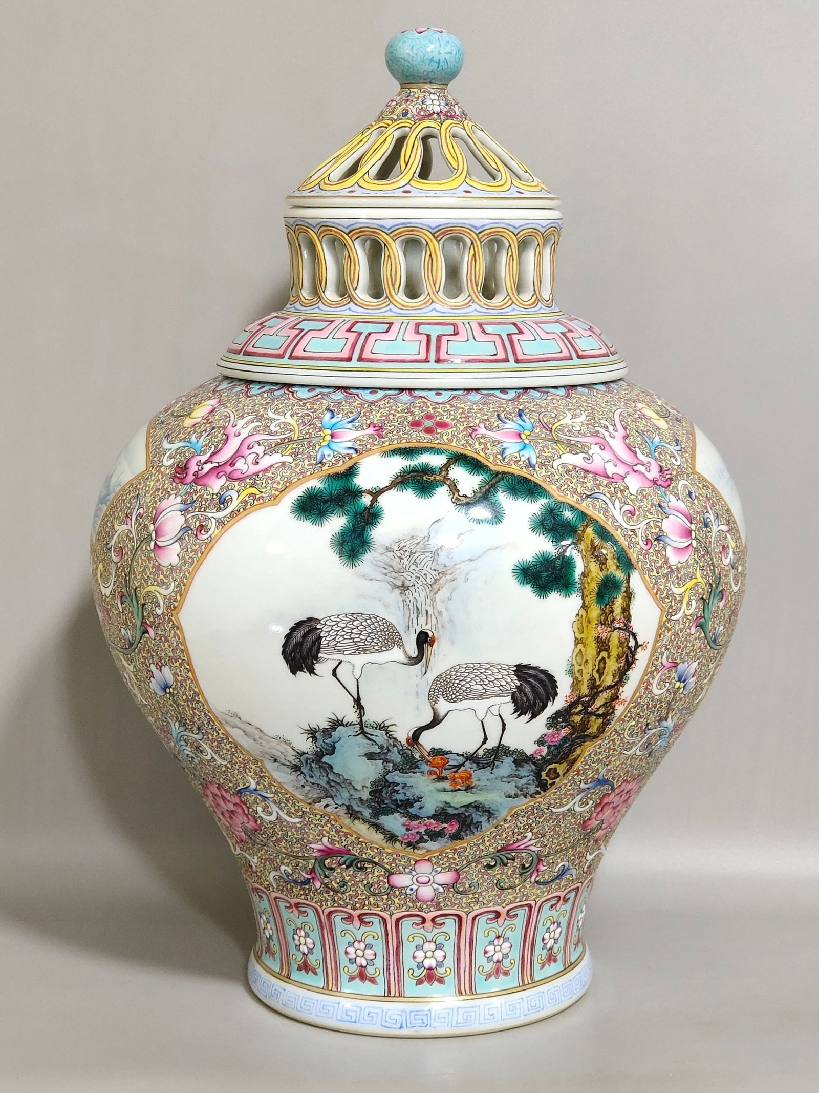 An Exquisite Chinese Aluminum red landscape attic incense burner: Size: Height 29 cm - Width 18.5 cm Materials: Porcelain Dynasty: Qing dynasty Inscription: Qianlong Mark Object: burner