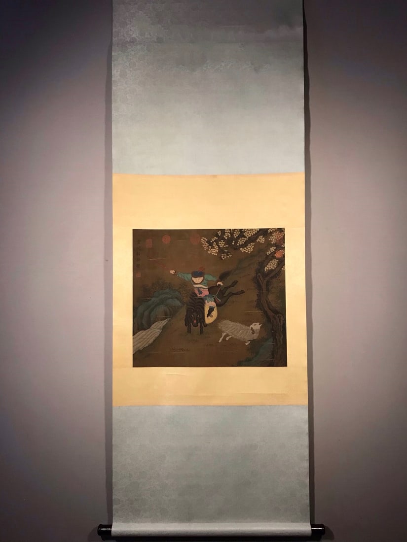 Chinese scroll painting Ren Renfa: Size: Height 48 cm - Width 53 cm Materials: Silk and Paper Dynasty: Yuan Dynasty Inscription: Ren Renfa Object: Scroll Ren Renfa's exquisite silk hunting picture, Ren Renfa's courtesy name is Ziming, 