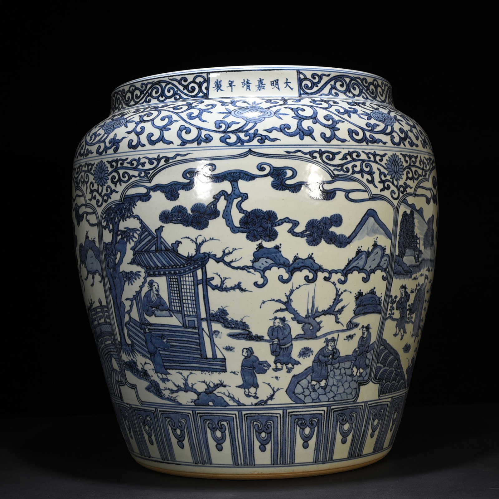 An Exquisite Chinese blue and white Taoist figure scroll vat: Size: Height 52 cm - Widthh 50 cm Materials: Porcelain Dynasty: Ming Dynasty Attribution: Jiajing Mark Object: vat