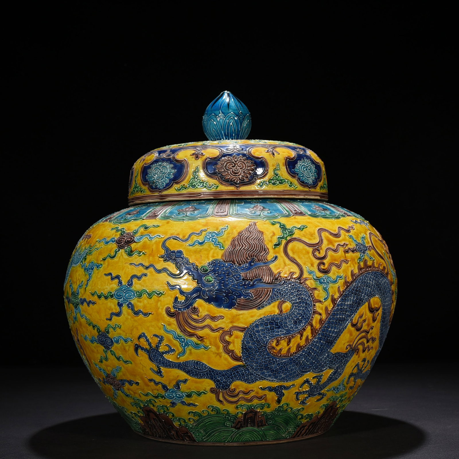 An Exquisite Chinese yellow ground enamel jar: Size: Height 39 cm - Widthh 30 cm Materials: Porcelain Dynasty: Ming Dynasty Attribution: Jiajing Mark Object: jar