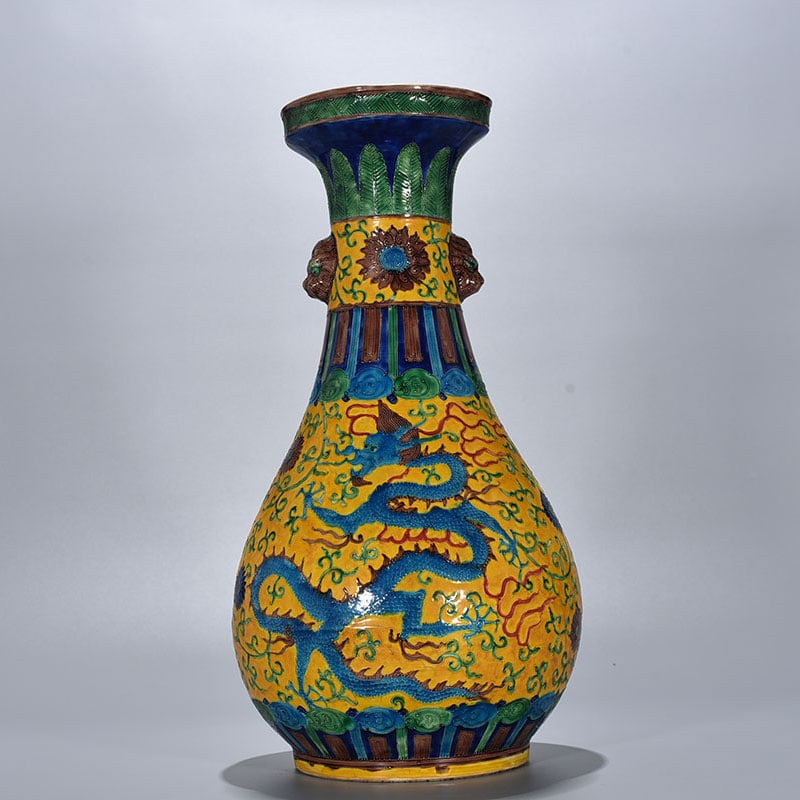 An Exquisite Chinese yellow ground enamel pan-mouth vase: Size: Height 50 cm - Widthh 28 cm Materials: Porcelain Dynasty: Ming Dynasty Attribution: Jiajing Mark Object: vase