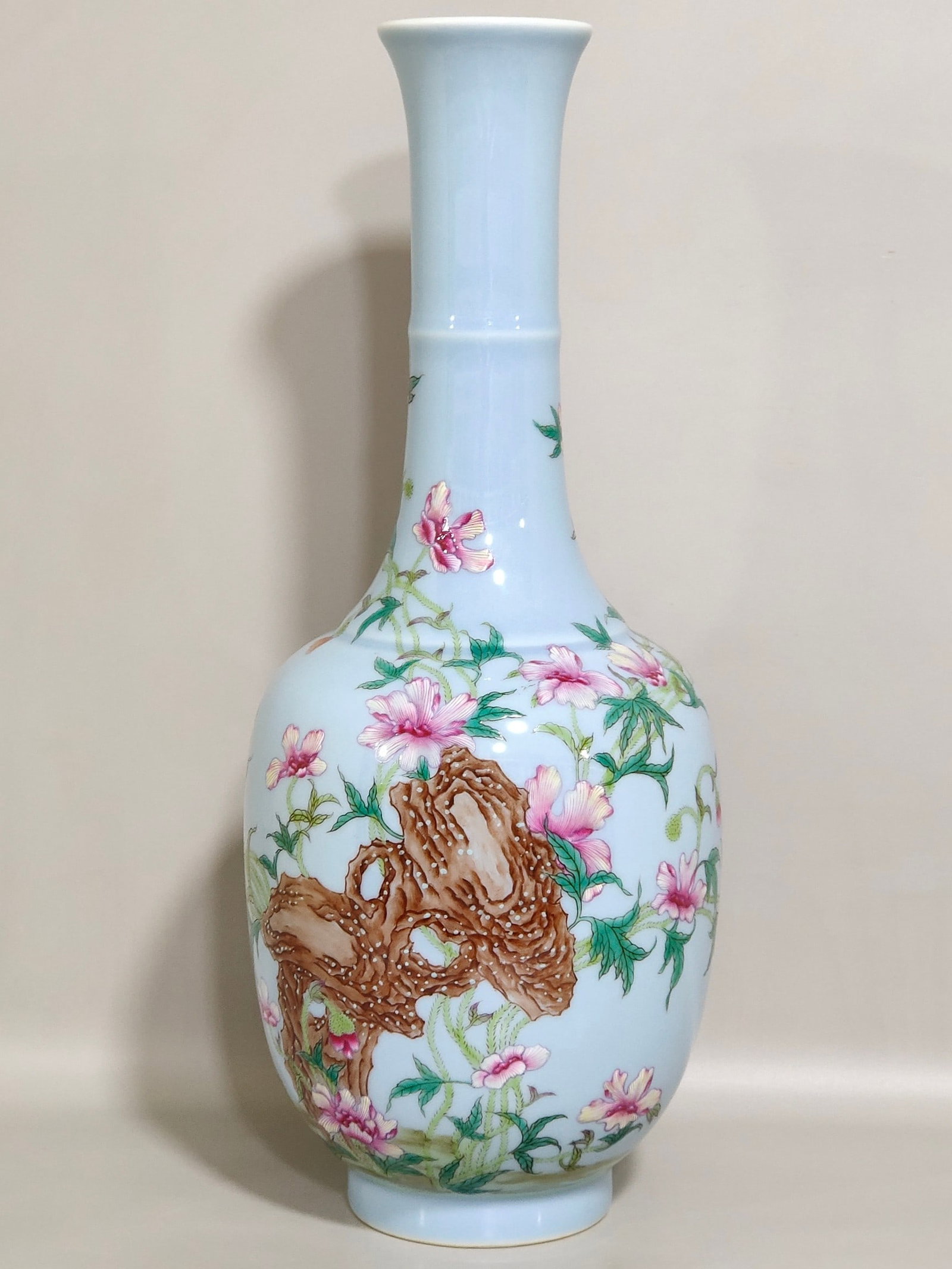 An Exquisite Chinese A sky-blue glazed poppy flask: Size: Height 36 cm - Width 13 cm Materials: Porcelain Dynasty: Qing dynasty Inscription: Qianlong Mark Object: vase