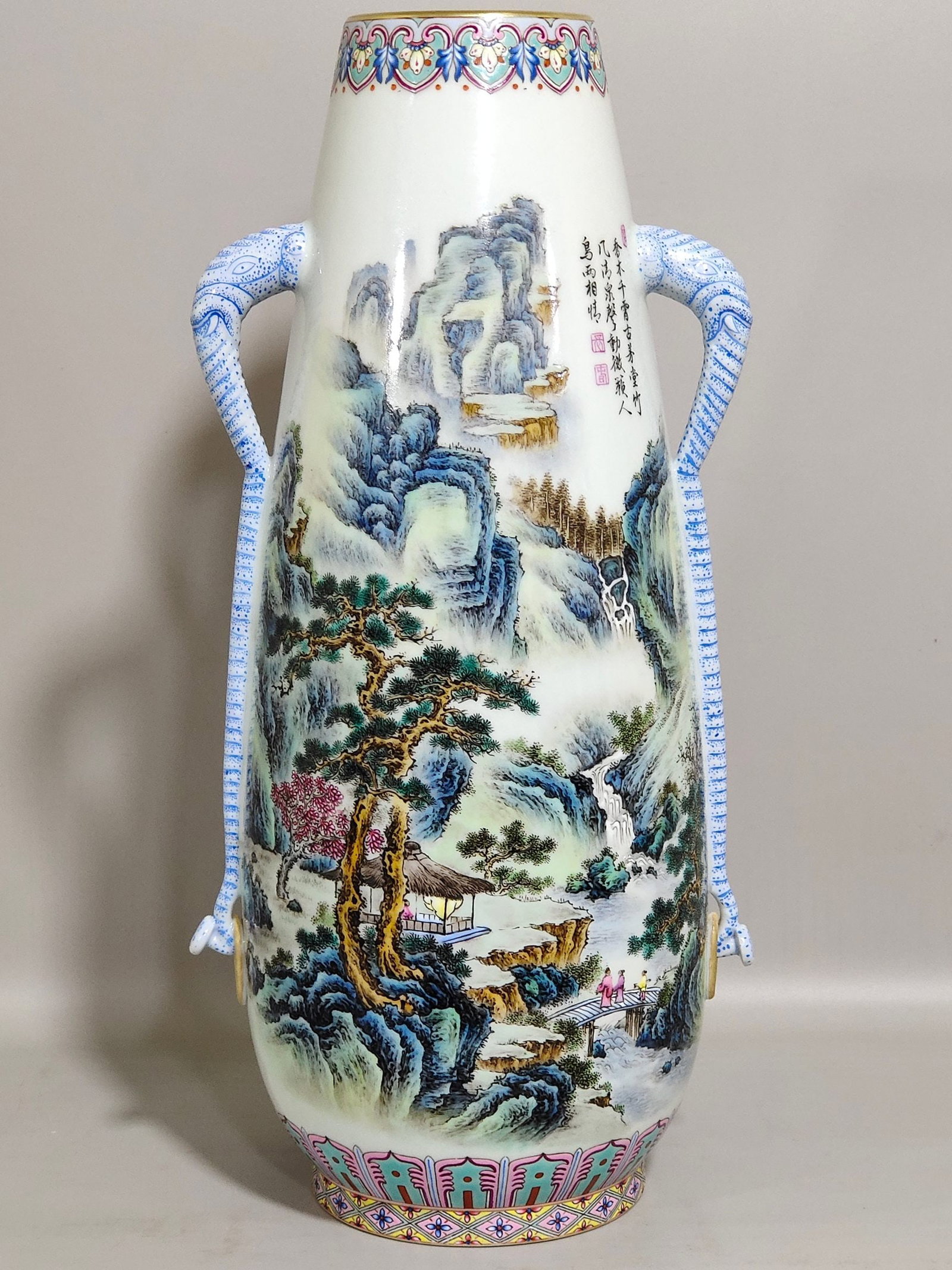 An Exquisite Chinese landscape elephant ear-inscribed poetry vase (1 of 8)