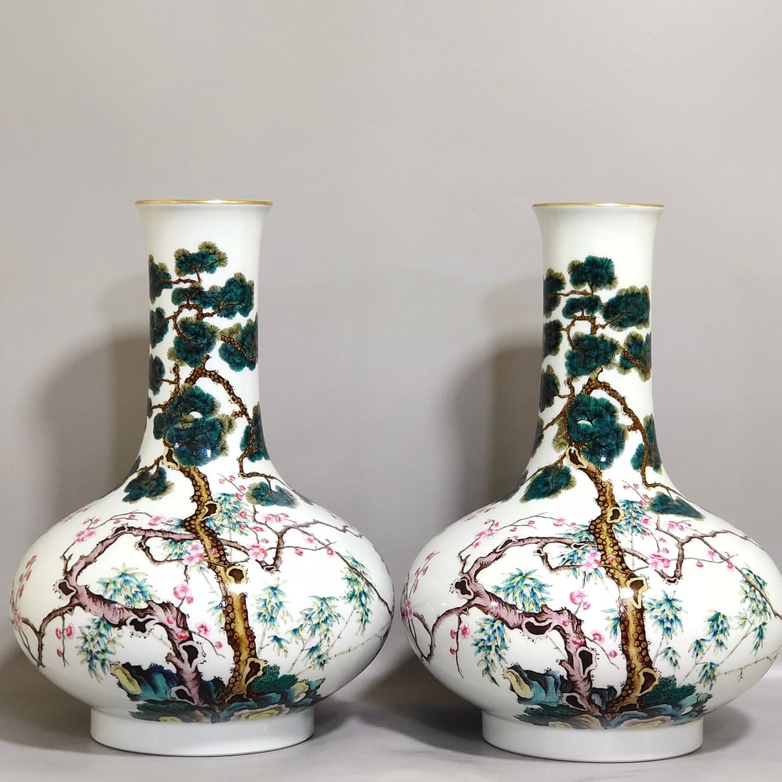 An Exquisite Chinese Suihan Three Friends Pine BambooAnd Plum Flat-bellied Vase: Size: Height 31 cm - Width 21 cm Materials: Porcelain Dynasty: Qing dynasty Inscription: Qianlong Mark Object: vase