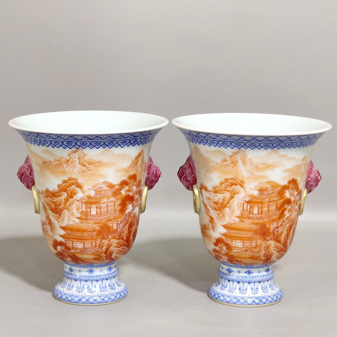 An Exquisite Chinese Gonghong landscape attic inscribed with poems two-eared goblet (1 of 9)