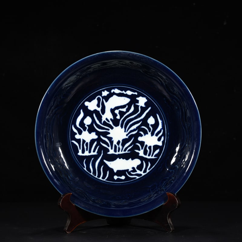 An Exquisite Chinese blue glaze carved plate (1 of 9)