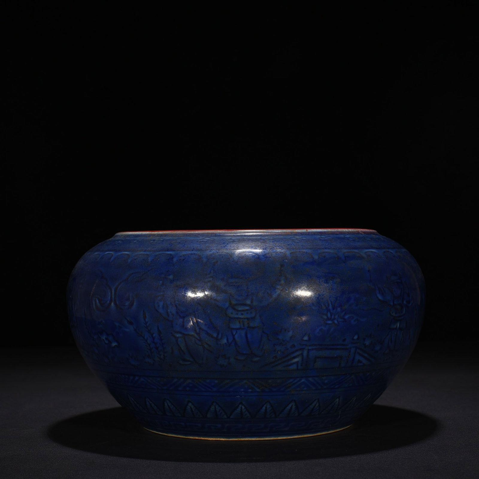 An Exquisite Chinese Blue Glaze Carved Washer: Size: Height 15 cm - Widthh 17 cm Materials: Porcelain Dynasty: Ming Dynasty Attribution: Xuande Mark Object: washer