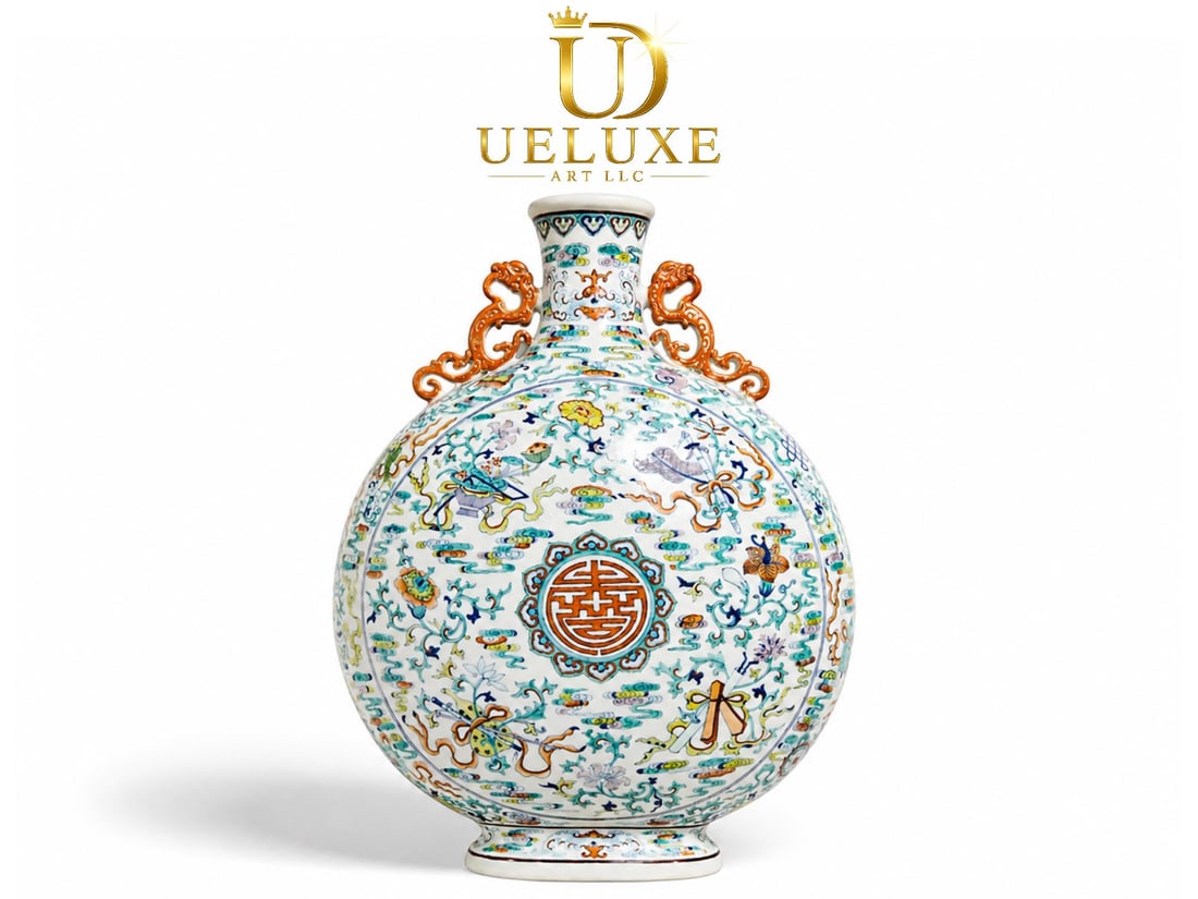 An Exquisite Chinese doucai dark Eight Immortals flat vase: Size: Height 51 cm - Width 37 cm Materials: Porcelain Dynasty: Qing dynasty Inscription: Qianlong Mark Object: vase