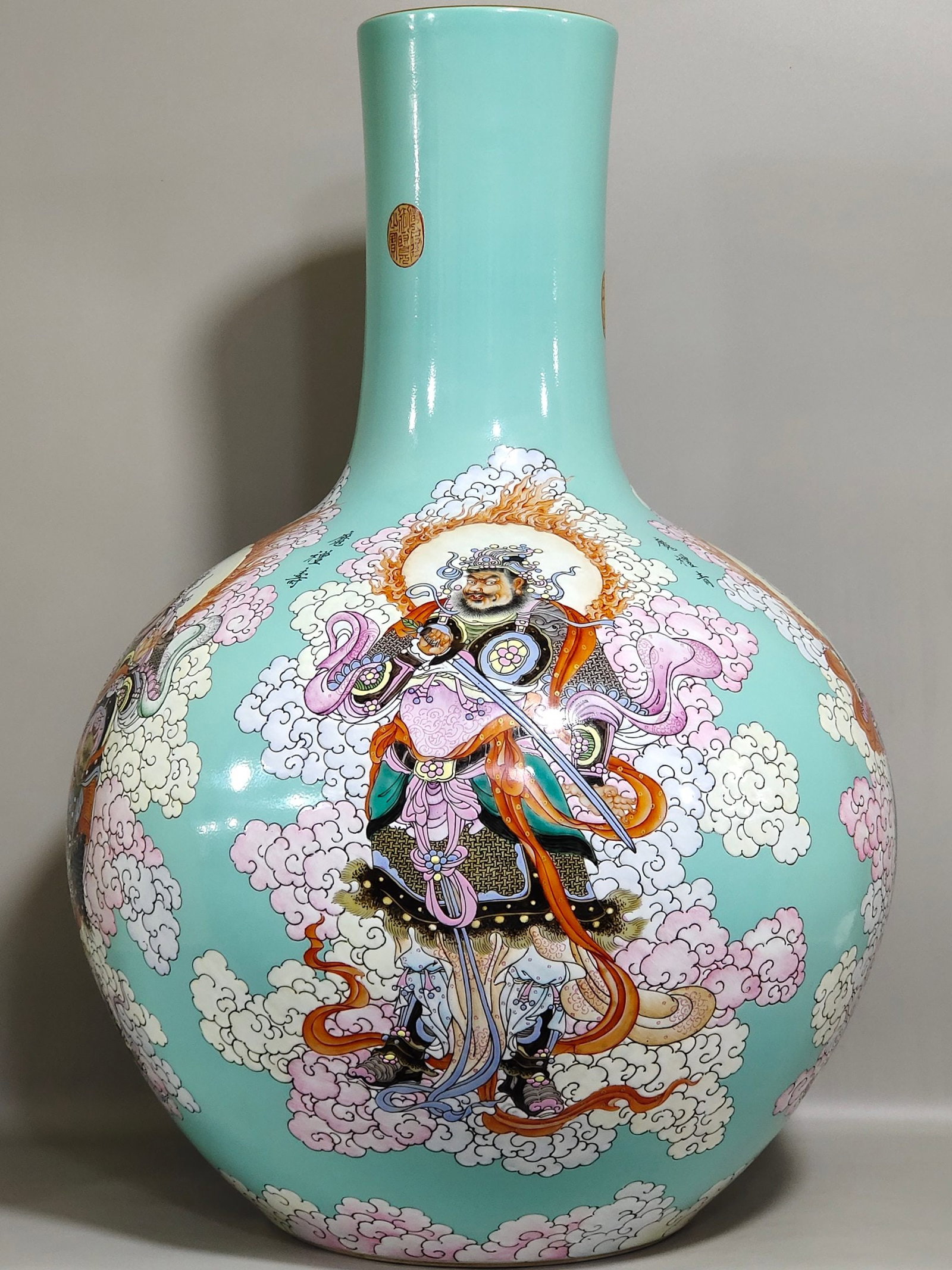 An Exquisite Chinese turquoise green Four Heavenly Kings celestial sphere vase: Size: Height 56 cm - Width 38 cm Materials: Porcelain Dynasty: Qing dynasty Inscription: Qianlong Mark Object: vase