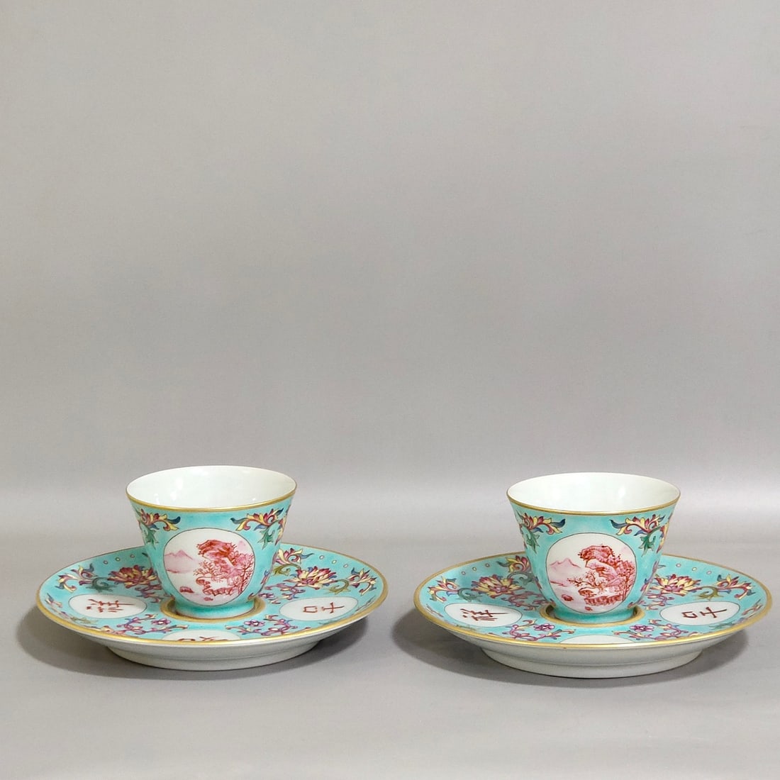 An Exquisite Chinese turquoise green land auspicious wishful cup set cup: Size: Width 6.3 cm - Height 4.8 cm Materials: Porcelain Dynasty: Qing dynasty Inscription: Qianlong Mark Object: cup