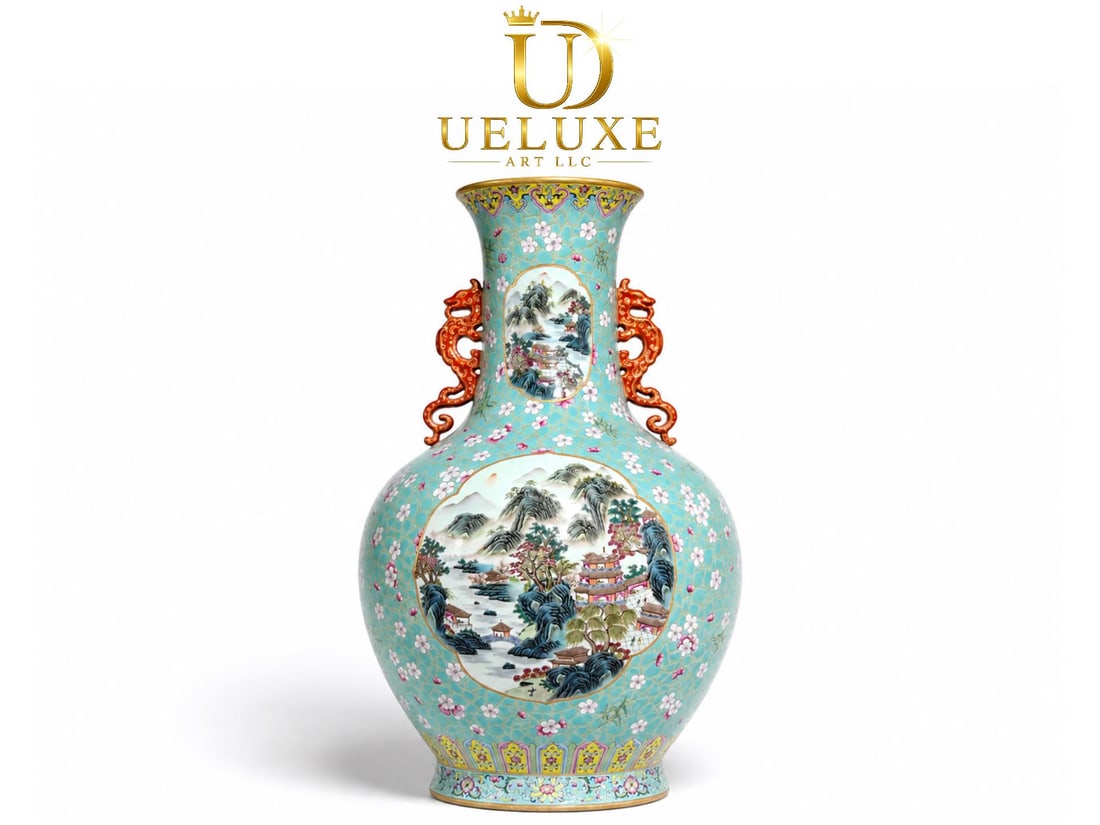 An Exquisite Chinese A large turquoise green landscape amphora: Size: Height 60 cm - Width 35 cm Materials: Porcelain Dynasty: Qing dynasty Inscription: Qianlong Mark Object: amphora