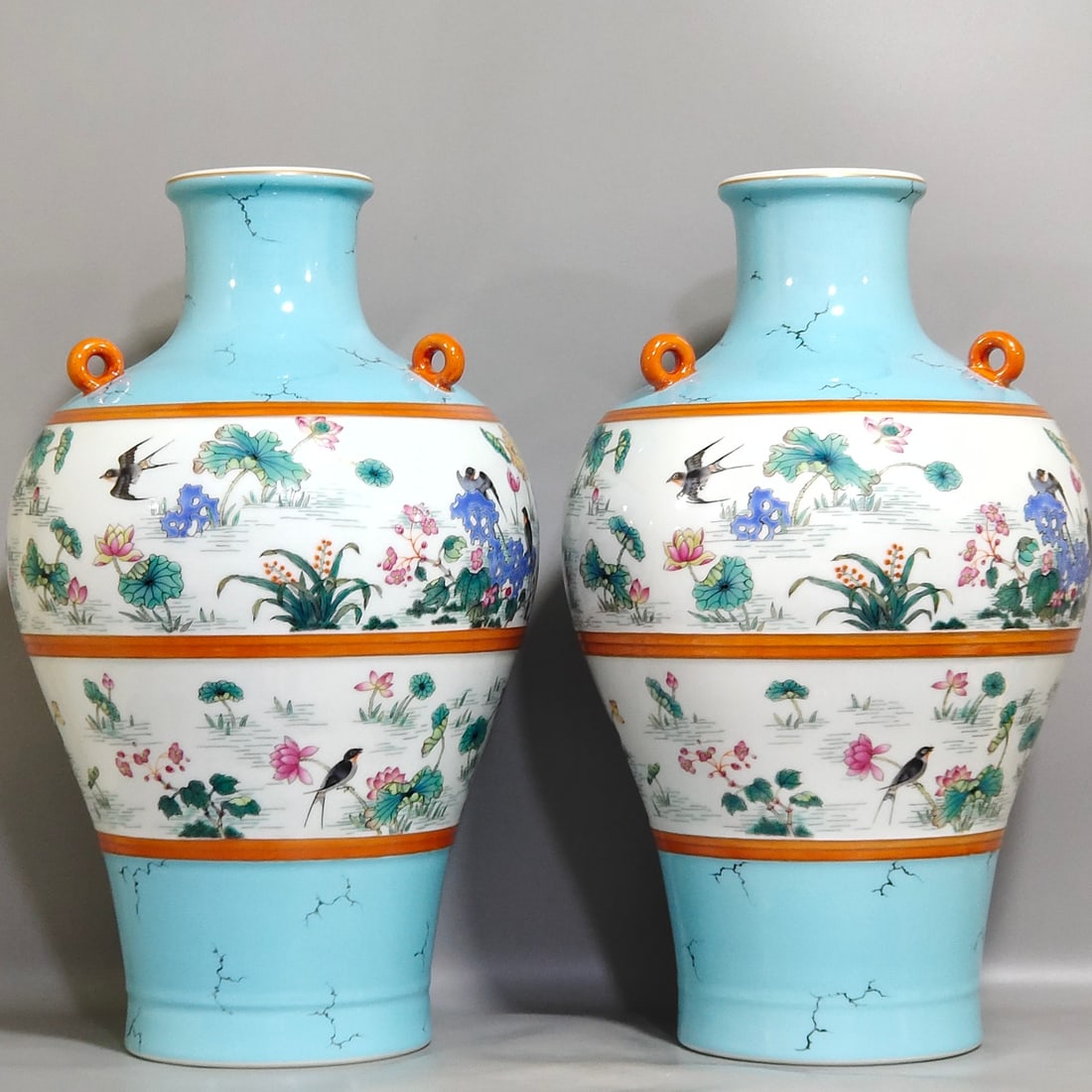 An Exquisite Chinese turquoise green lotus spring swallow plum vase: Size: Height 39.5 cm - Width 23 cm Materials: Porcelain Dynasty: Qing dynasty Inscription: Qianlong Mark Object: vase
