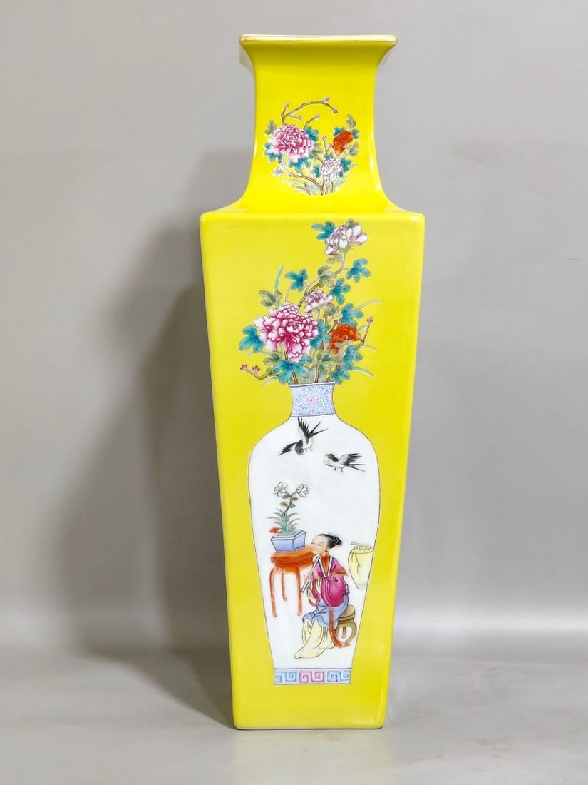 An Exquisite Chinese lemon yellow four-square vase with beautiful pictures: Size: Height 35.2 cm - Width 10.7 cm Materials: Porcelain Dynasty: Qing dynasty Inscription: Qianlong Mark Object: vase