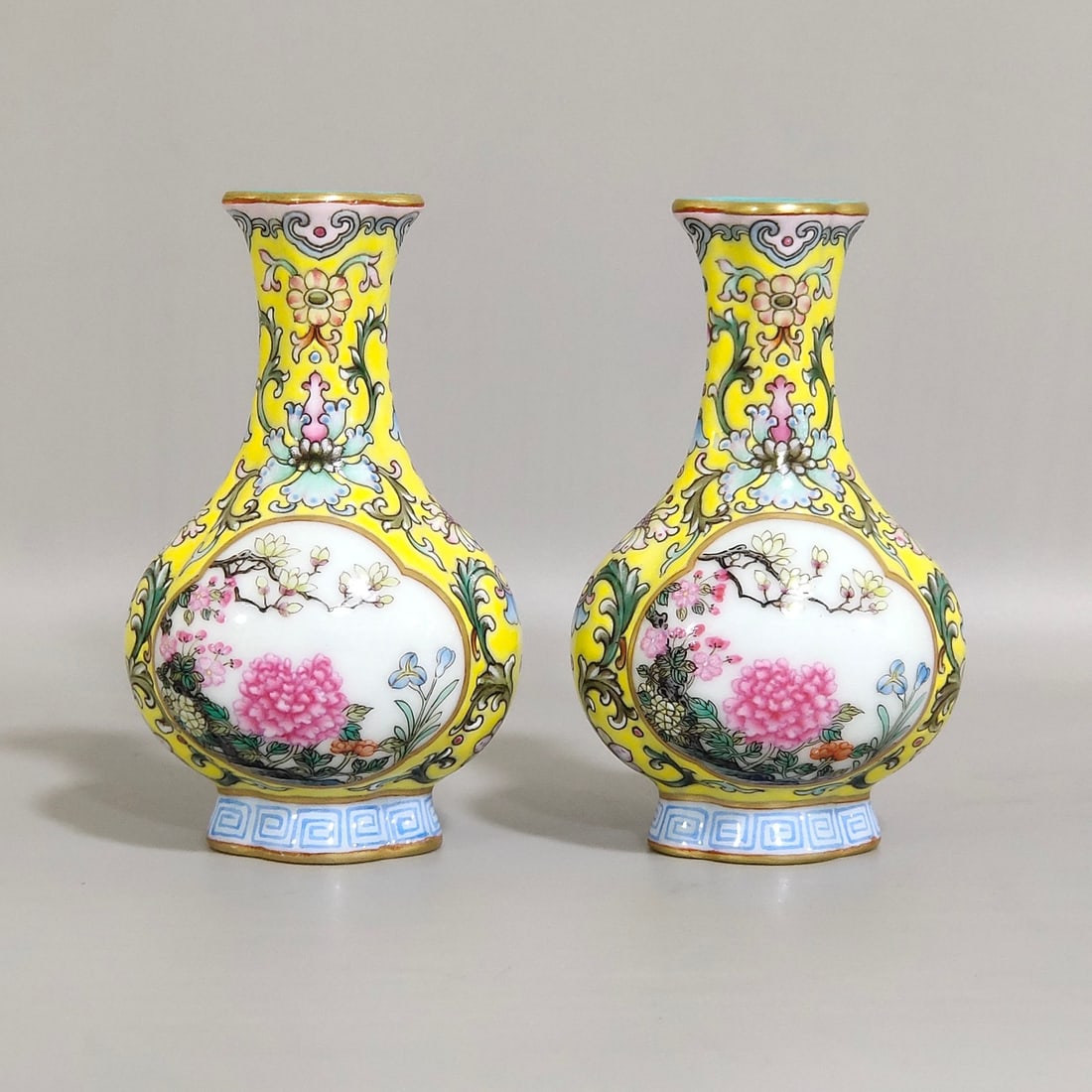 An Exquisite Chinese Yangcai yellow ground windowed small begonia-shaped vase: Size: Height 9 cm - Width 5.5 cm Materials: Porcelain Dynasty: Qing dynasty Inscription: Qianlong Mark Object: vase