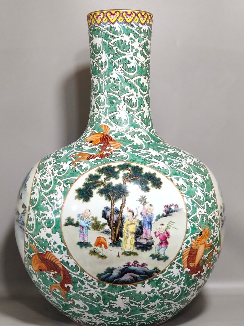 An Exquisite Chinese Seawater Carp Open Window Landscape Characters Story Celestial Ball Vase (1 of 9)