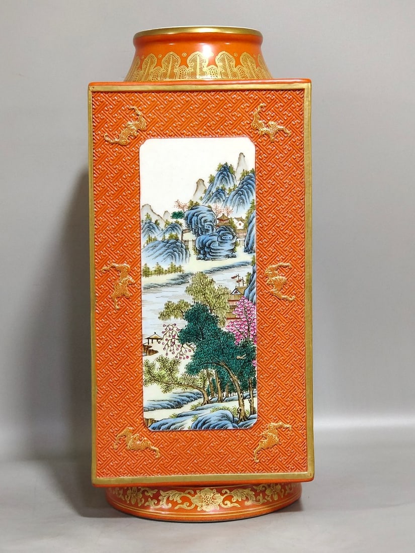 An Exquisite Chinese a coral-red carving gold-painted window landscapeAnd square cong-style vase: Size: Height 32 cm - Width 14 cm Materials: Porcelain Dynasty: Qing dynasty Inscription: Qianlong Mark Object: vase
