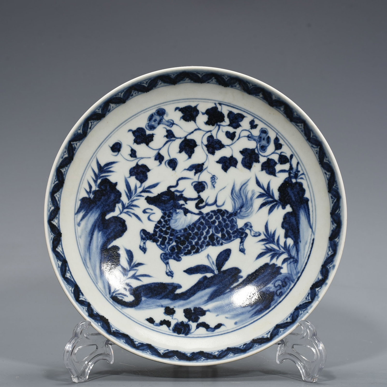 An Exquisite Chinese blue and white unicorn pattern plate: Size: Height 5 cm - Widthh 23 cm Materials: Porcelain Dynasty: Ming dynasty Attribution: Xuande Object: plate