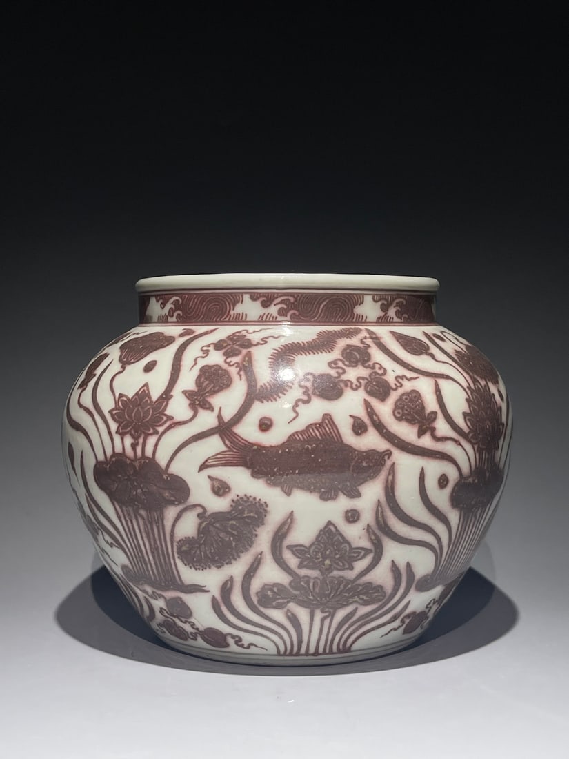 An Exquisite Chinese underglaze red fish and algae pattern Porcelain jar: Size: Width 24 cm - Height 18.8 cm Materials: Porcelain Dynasty: Ming dynasty Attribution: Xuande Period Object: Jar
