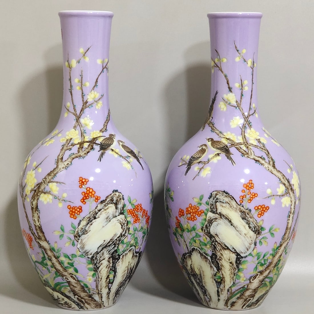 An Exquisite Chinese enamel violet plum flower sparrow poem olive vase: Size: Height 21.4 cm - Width 9.5 cm Materials: Porcelain Dynasty: Qing dynasty Inscription: Qianlong Mark Object: vase