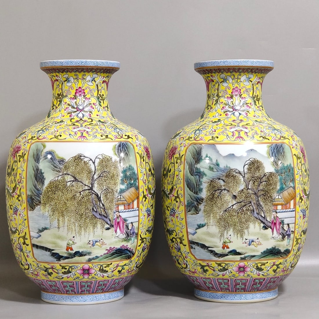 An Exquisite Chinese enamel yellow ground window character story vase: Size: Height 27.5 cm - Width 16 cm Materials: Porcelain Dynasty: Qing dynasty Inscription: Qianlong Mark Object: vase