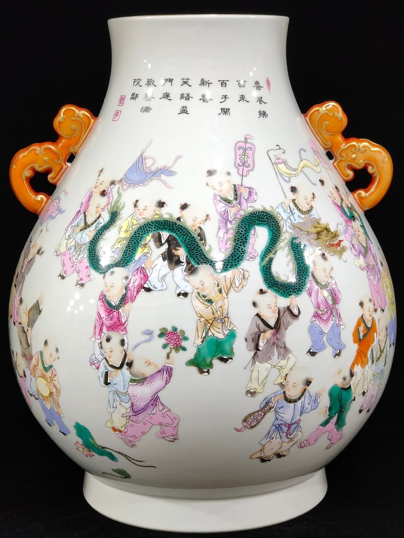 An Exquisite Chinese Baizi Spring Buddha Bucket Zun: Size: Height 50 cm - Width 38 cm Materials: Porcelain Dynasty: Qing dynasty Inscription: Qianlong Mark Object: bucket
